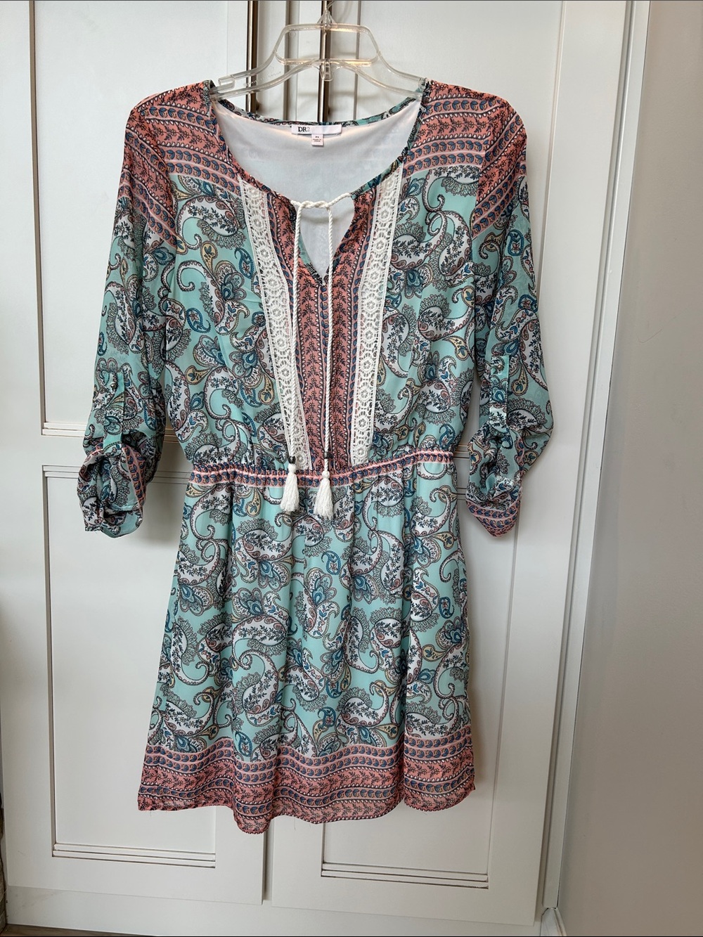 DR2 Boho Paisley Mini Dress in Aqua and Coral